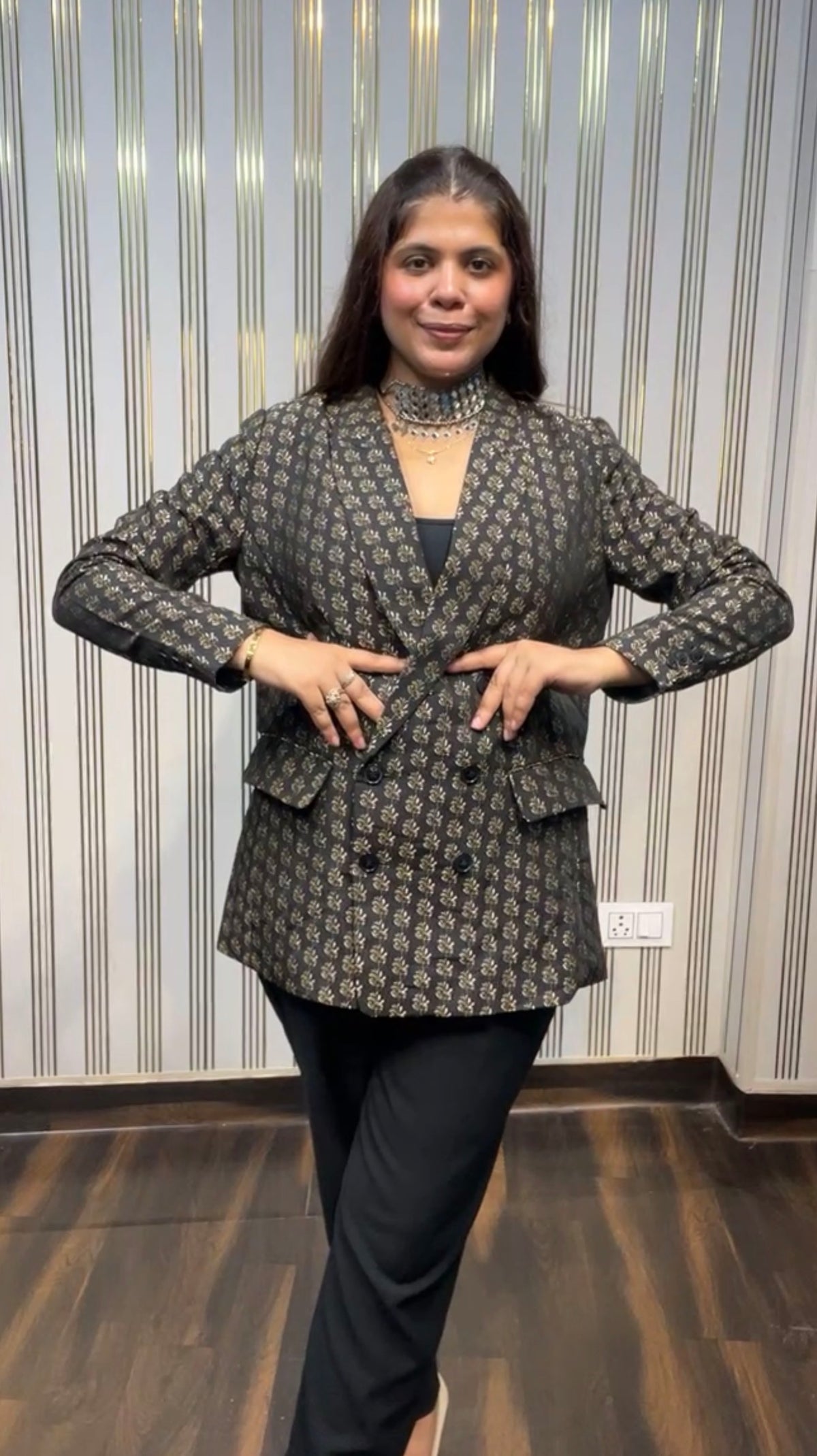 Size L - XL Double Breasted Black Brocade Blazer