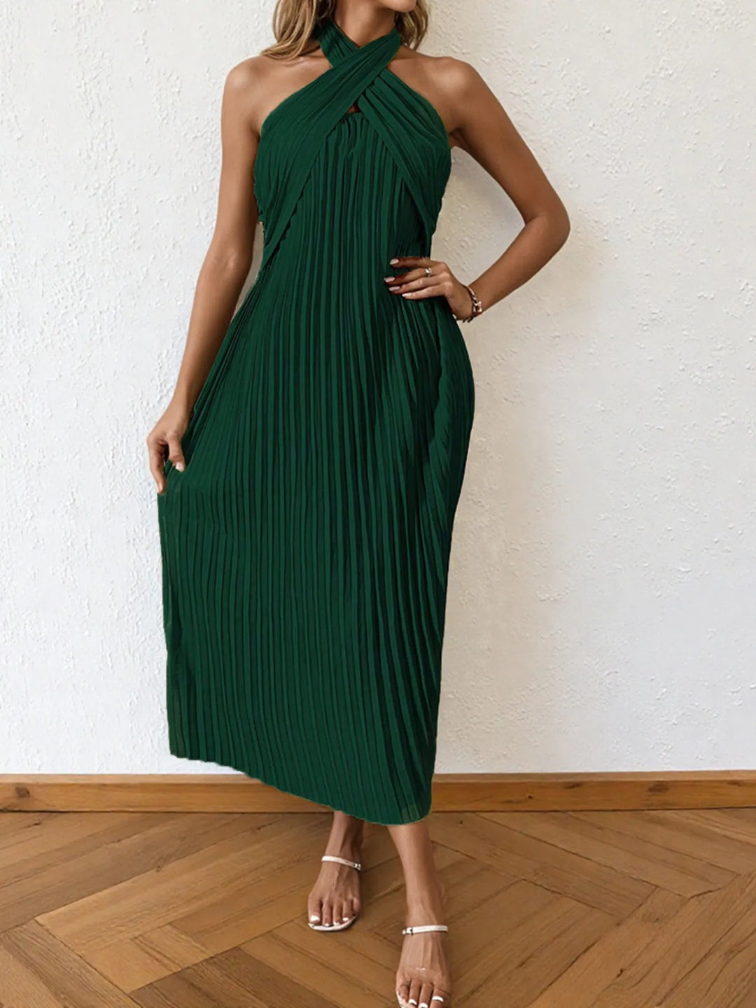 Pleated halter neck midi dress