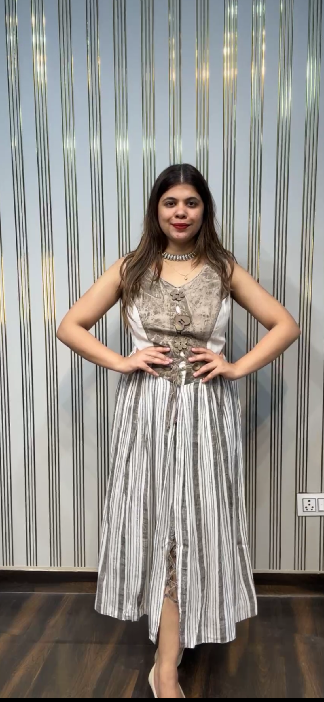 Women's traditional dress, sleeveless, linen brown, striped skirt, size 38