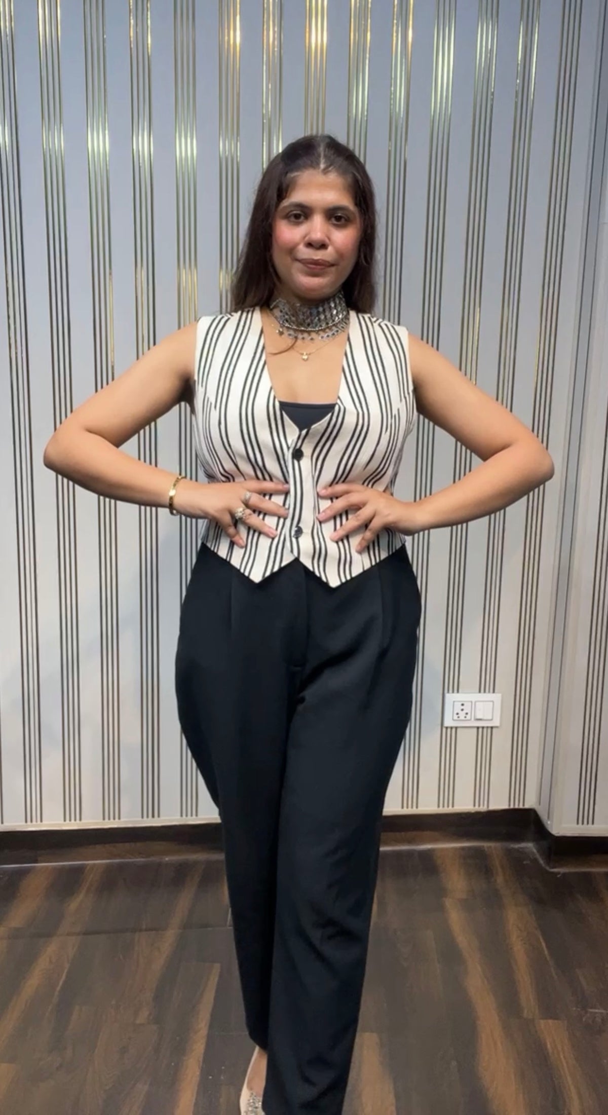 Size S - M Striped Buttoned Waistcoat, Cream And Black