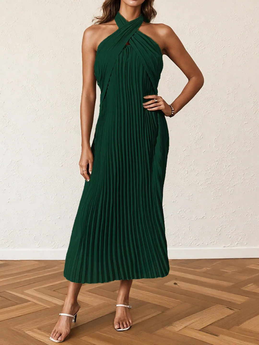 Pleated halter neck midi dress