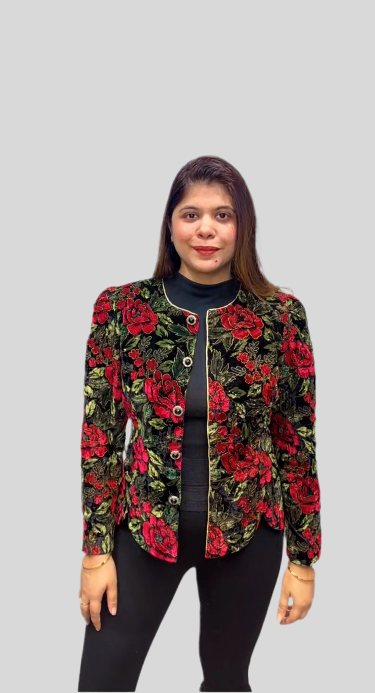 Winter Floral Print Velvet Blazer