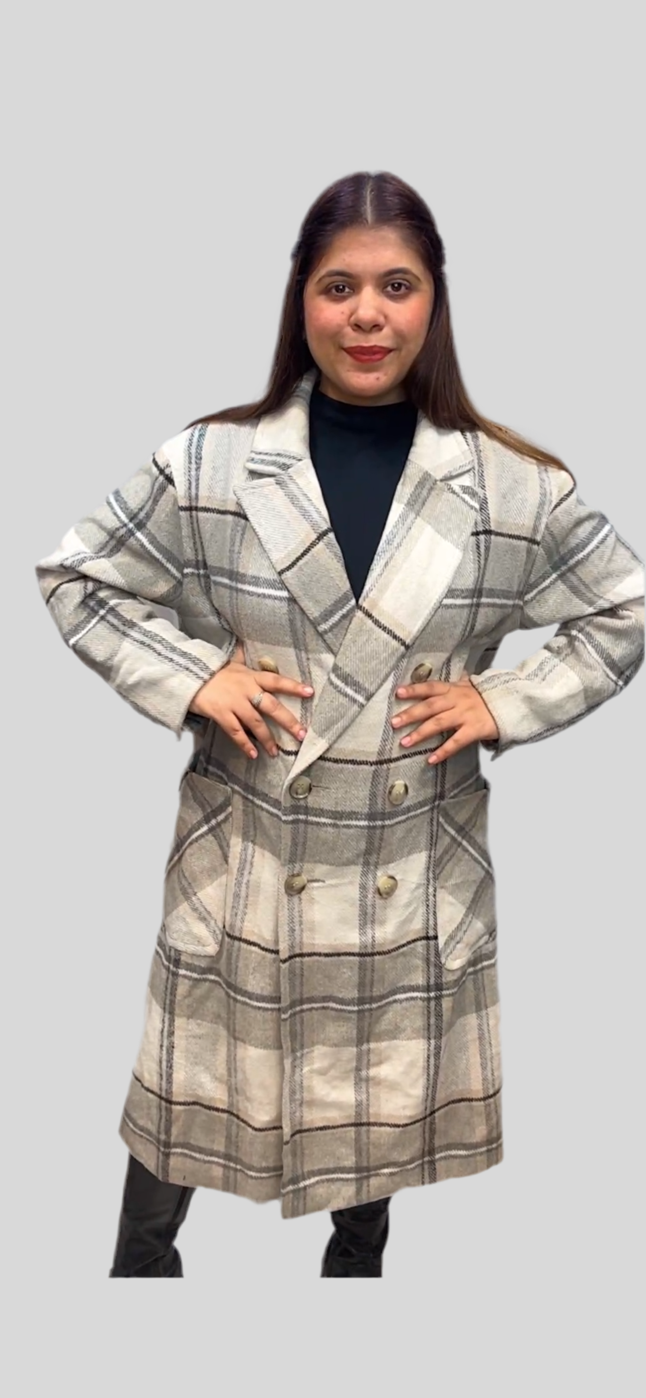 Winter Wool Double Breasted Checked Long coat